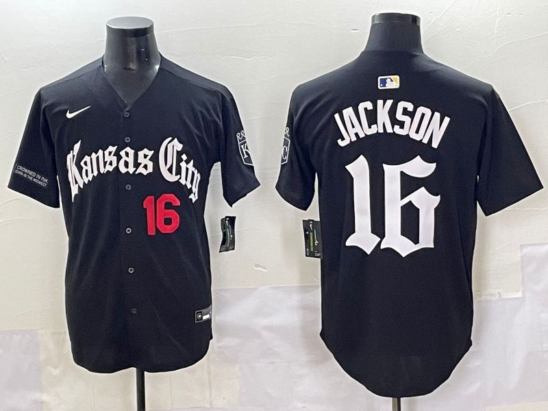 Men 2025 Kansas City Royals #16 Jackson Black Five generations Joint Name Nike MLB Jersey style 8